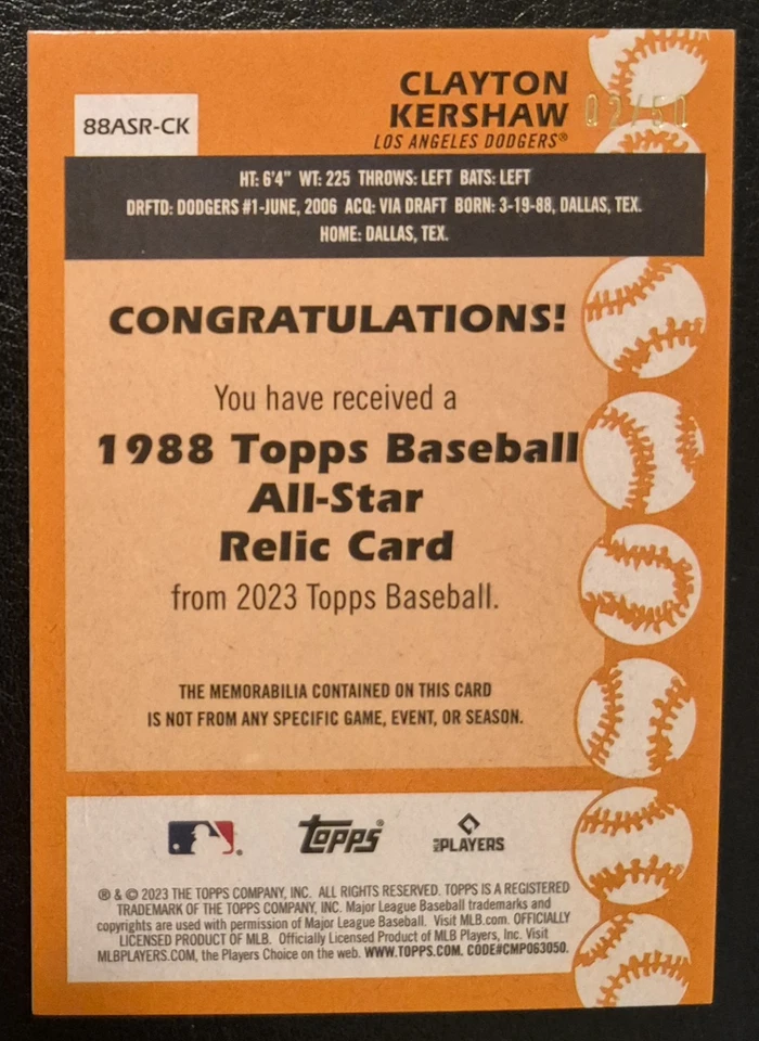 CLAYTON KERSHAW 02/50 Game Used Patch 2023 Topps 88ASR-CK '88 ALL-STAR 35th RARE - Image 3 of 4