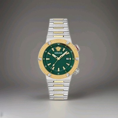 Versace VE8G00524 Mens Watch Greca Logo Diver 43mm 10ATM Silver gold green face