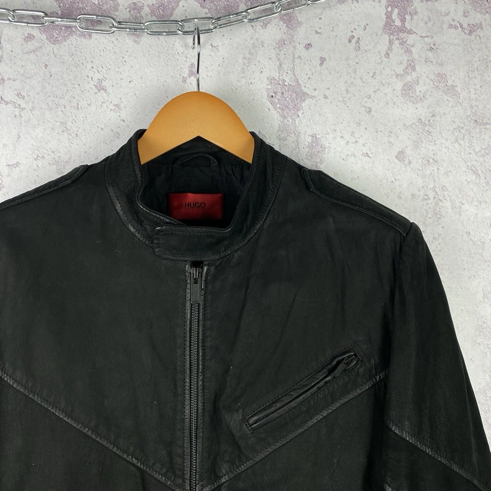 Vintage HUGO BOSS Moto Jacket Leather Buffalo Black Biker Luxury Men’s Size M - Image 2 of 4