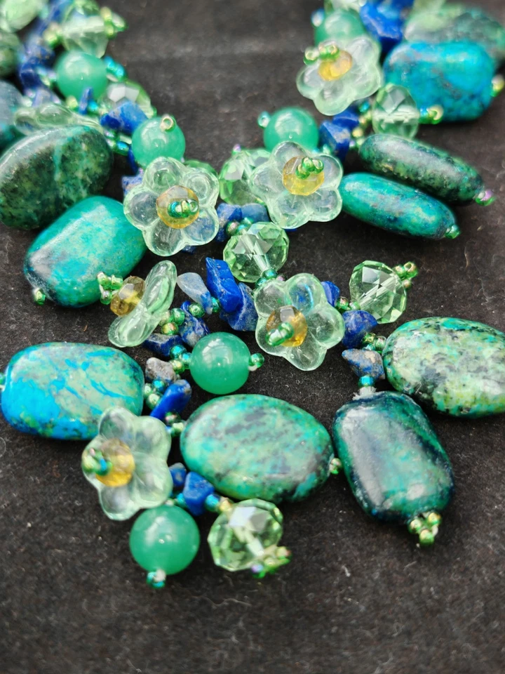 Collar de piedras preciosas de vidrio y cristal flor festón crisocola lapislázuli Foto 3 de 4