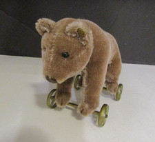 Steiff Teddy Bear on Metal Wheels Mohair 1905 Replica Museum Collection 1984