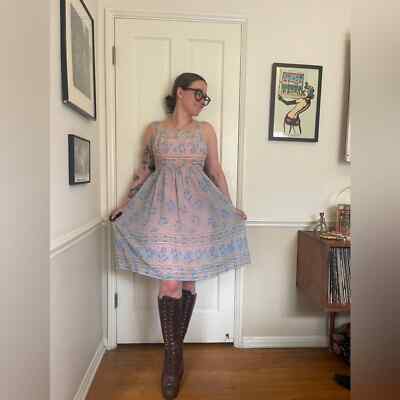 vintage pastel dress 70s Vintage Pastel Maxi Dress Landscape Pastel Print Formal Gown Xs