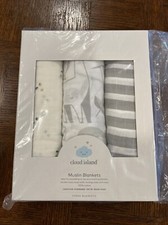 NIB Cloud Island Muslin Swaddle Blankets - 3 Pk 100 Cotton Cute Animals Gray