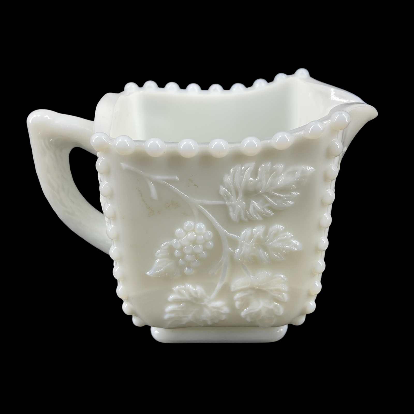 Vintage Westmoreland Milk Glass Square Creamer with Grape Vine Beaded Detail