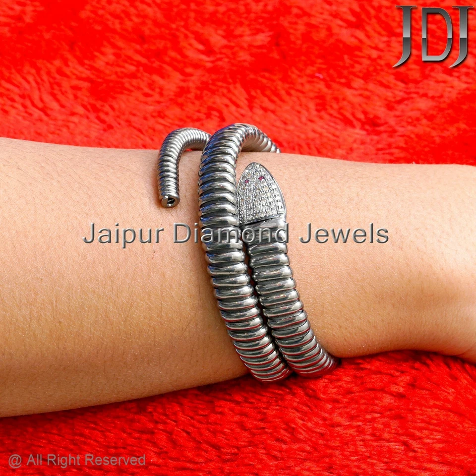 925 Silver Natural Pave Diamond Ruby Gemstone Snack Bracelet Vintage Jewelry - Image 2 of 4