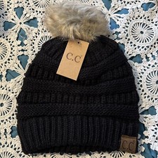 C.C Stretch Cable Knit Ribbed Super Soft Faux Fur Pom Pom Beanie Hat cc