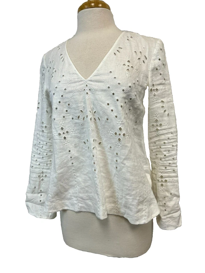 Top campesino con ojales de lino blanco Theory cuello en V dobladillo alto/bajo manga larga talla S