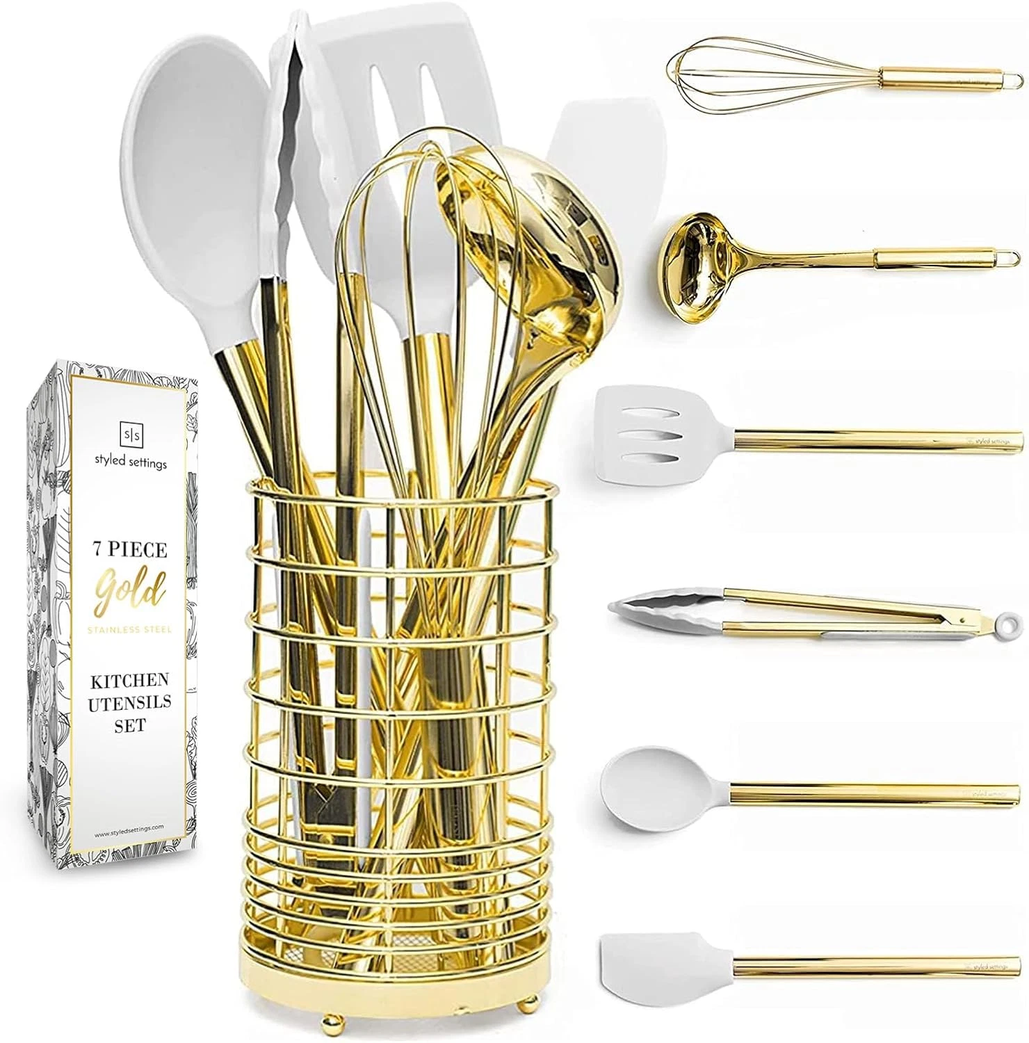 White Silicone and Gold Cooking Utensils Set with Holder - 7PC Silicone Cooking
