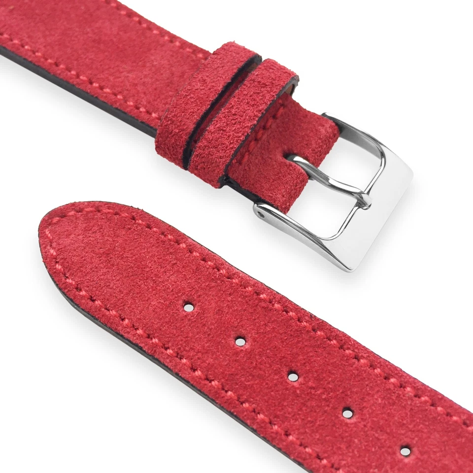 20mm Red Suede German Calf Leather Watch Band Strap with Matching Stitch Foto 3 de 4