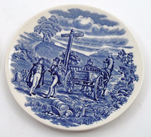 4 Blue Transferware Ironstone England Butter Pats Coasters Country Road Robbers - Picture 5 of 12
