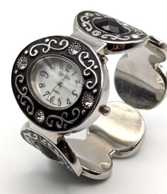 Varsales Ladies Cuff Watch Black & Silver Tone Rhinestone Bling New Battery