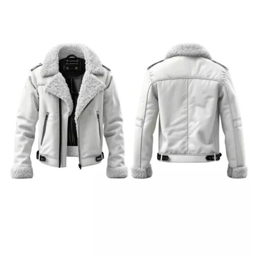 Men's White Shearling Aviator Sheep Leather Jacket Winter Warm Sherpa-Lined Coat - Picture 4 of 4