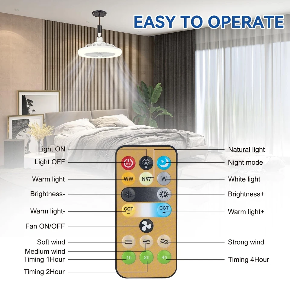 Smart 3-in-1 Ceiling Fan Light with Remote Control E27 Base 85-265V for Bedroom - Image 3 of 4