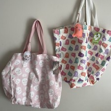 Two Halloween Canvas Bags Grocery Tote Reusable Ghosts Skulls Pink Spooky Preppy