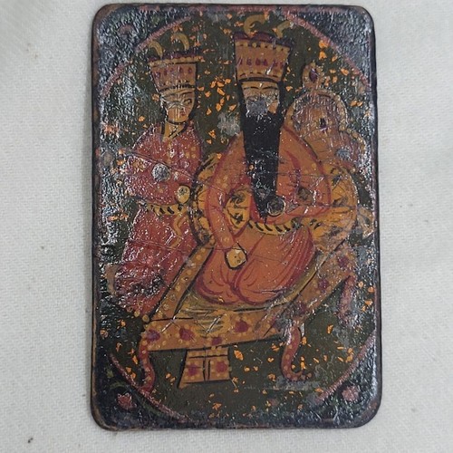 VINTAGE PAINTING ON PAPIER MACHE KING ON THRONE & PRINCE ASIDE MIDDLEAST 1900's - Picture 7 of 7