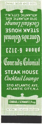 New Jersey Conrad's Colonial Steak House Cocktail Lounge Vintage Matchbook Cover