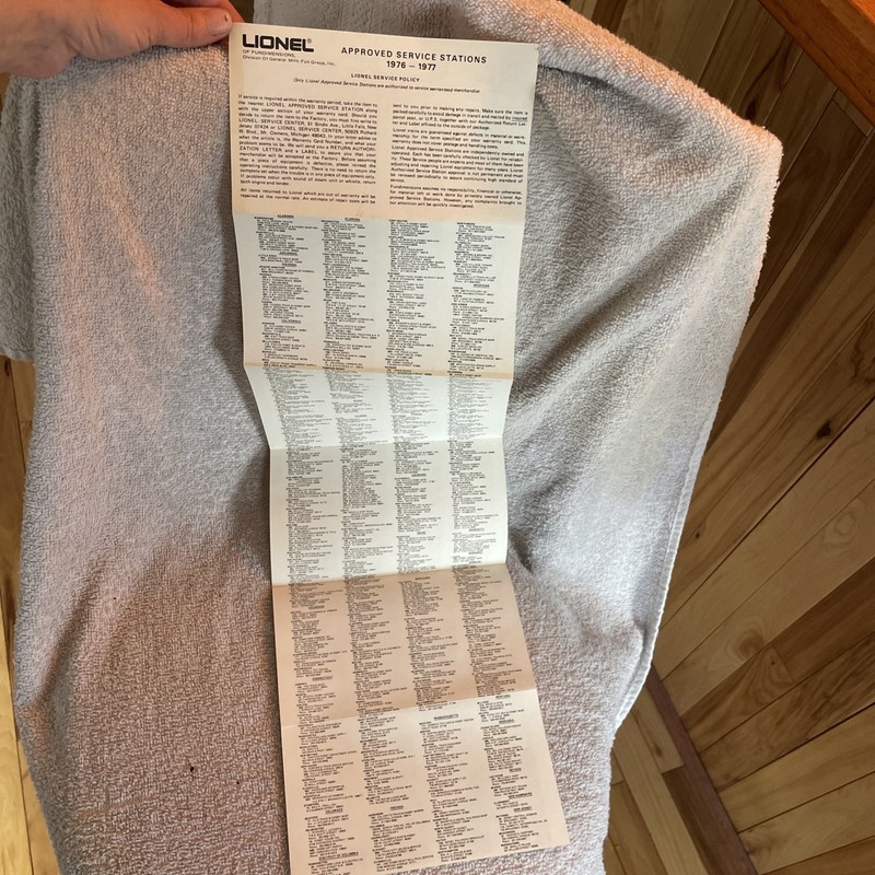 Lionel list of Approved Service Stations 1976-1977