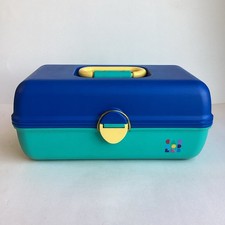 Vintage Caboodles 2602 Cosmetic Case Tackle Box Green Blue Yellow Sliding Trays