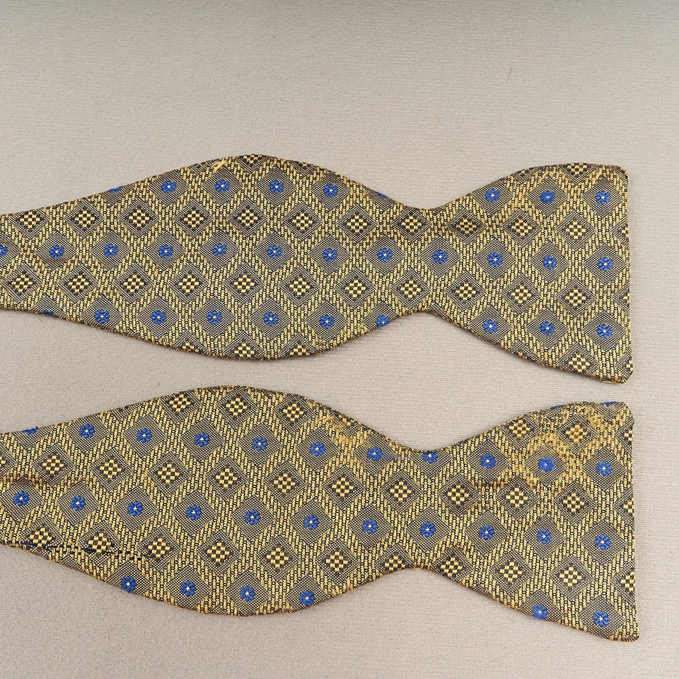 Винтажный шелковый галстук-бабочка желтый синий геометрический бриллиант регулируемый регулятор - Изображение 4 из 4