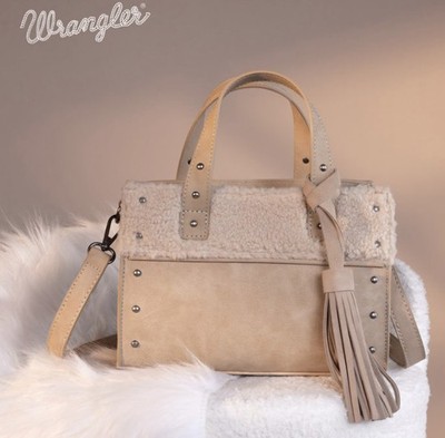 Wrangler Beige Studded Satchel Top Handle Zip Detachable Strap Tassel