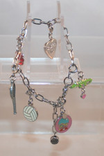 Child's 7.5" Charm Silver Tone Bracelet w/Heart, Hello Kitty, Gator and more