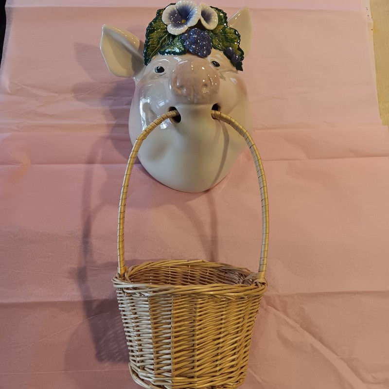 Vintage 1995 Sonya Magill Pottery Large Floral Pig Head Basket Hog Santa Cruz