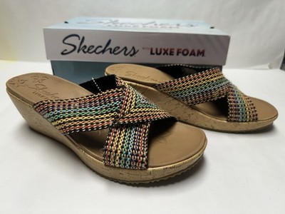 NIB SKECHERS BEVERLEE DELIGHTED MULTI COLOR WEDGE HEEL SANDALS SIZE 9  LUXE FOAM