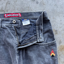 JNCO Men's Gray Charcoal Wash Baggy Wide-Leg Jeans 33 Waist Embroidered Skull