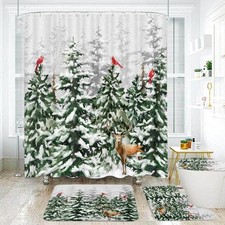 4 Pcs Winter Christmas Shower Curtain Set, Cute Snowman Snowflake Scene Holid...