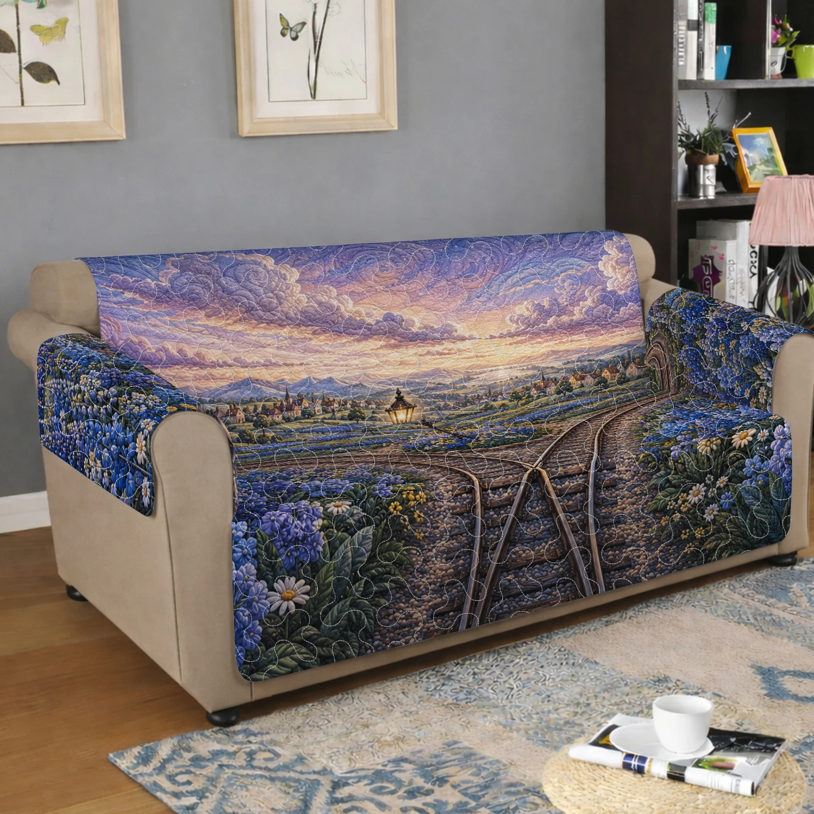 Landscape Railway Station Blue Flower Meadow Quilted Sofa Cover
