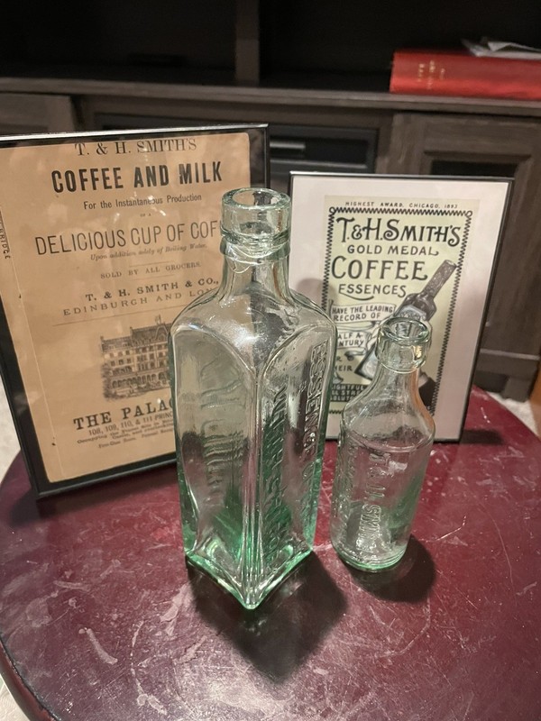 Two Antique T & H Smith Coffee Essence Bottles + Adverts