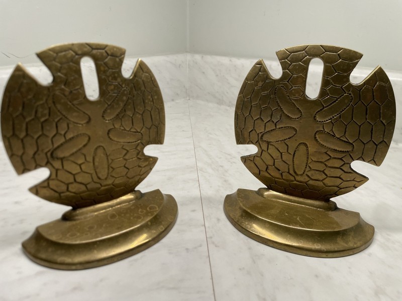 Vtg Pair Of Solid Brass Sand Dollar Bookends Heavy Mid Century Nautical Coastal