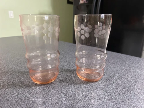 Vintage Set of Two (2) Etched Pink Depression Floral Water Glasses