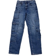 American Eagle High Rise Baggy Straight Cargo Blue Jeans Utility Skater Size 6