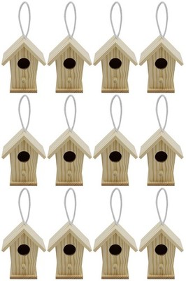 Creative Hobbies 12-Pack Mini Wood Bird Houses, Unfinished w/ Hanging Cords