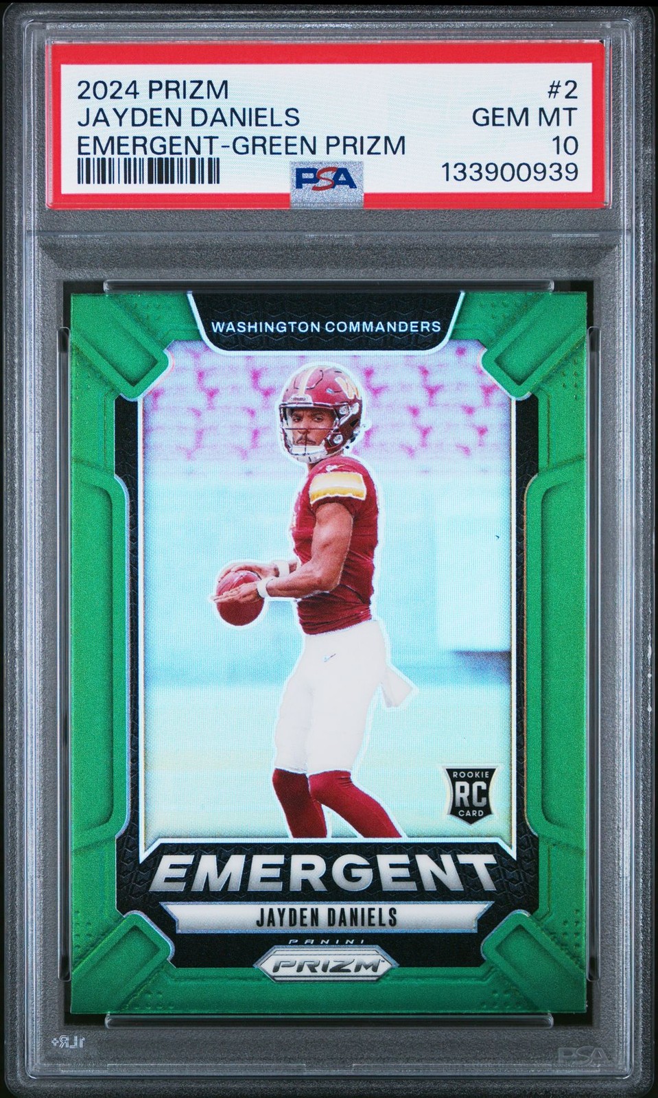 2024 PANINI PRIZM EMERGENT JAYDEN DANIELS GREEN PRIZM 2 PSA GEM MT 10 RC ROOKIE