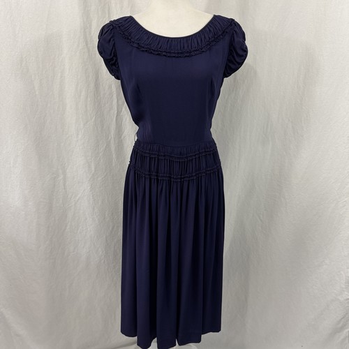 Jonathan Logan Navy Blue Ruched Drop Waist Vintage Midi Dress Womens *READ*