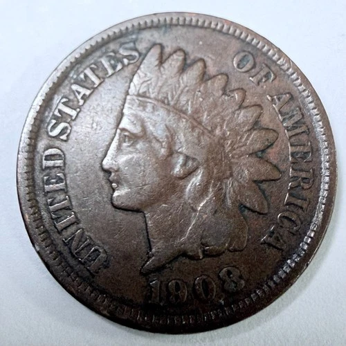 1908 Indian Head One Cent Penny Very Fine Details #5694