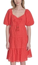 Vince Camuto Womens V-Neck Short-Puff-Sleeve Eyelet Dress 16 Poppy - NWT $168