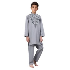 Muslim Boys Kids Embroidery Kaftan 2Pc Sets Blouse Top Pants Jubba Dishdasha
