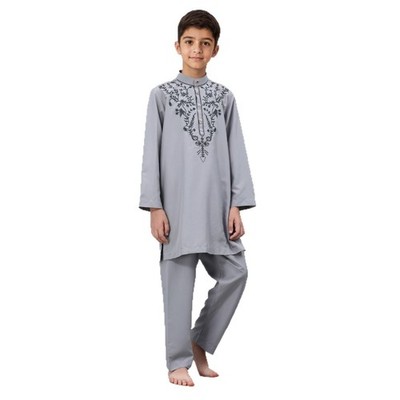 Muslim Boys Kids Embroidery Kaftan 2Pc Sets Blouse Top Pants Jubba Dishdasha