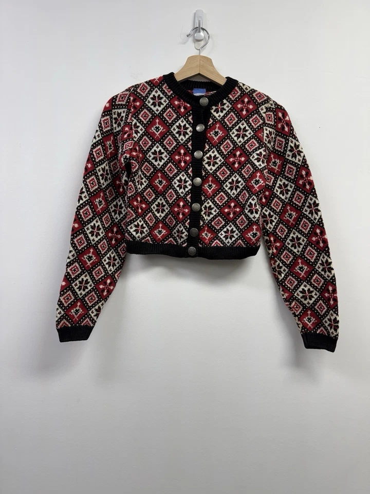 Cárdigan Recortado Old Navy Fair Isle Rojo Negro Blanco De Colección Años 90 Talla Juvenil 12 Foto 2 de 4