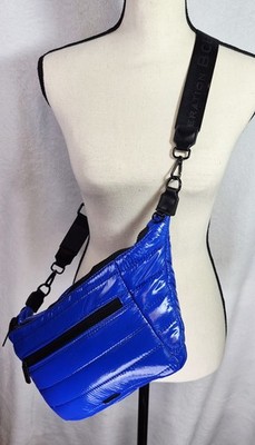 BCBGeneration Blue Puffer Crossbody Belt Bag Glossy Quilted Y2K Sling Purse 