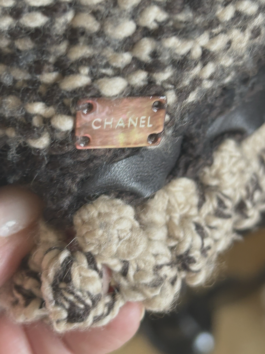 CHANEL Brown & Camel Tweed Leather Trim Cardigan Sweater ~ French