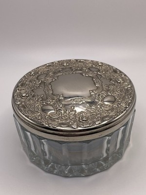 Vtg Godinger Vanity Silver Plated Powder Glass Box w/Lid Mirror Powder Puff