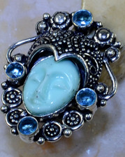 STUNNING NEW HUGE ARTISAN CARVED LOVE GODDESS FACE BLUE TOPAZ 925 SILVER RING 7