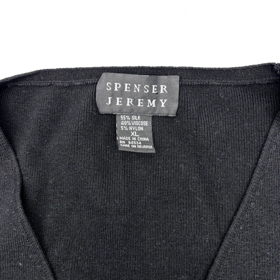 Spenser Jeremy Black Silk Blend Ribbed 3/4 Sleeve Button Down V-Neck Cardigan XL - Image 3 of 4