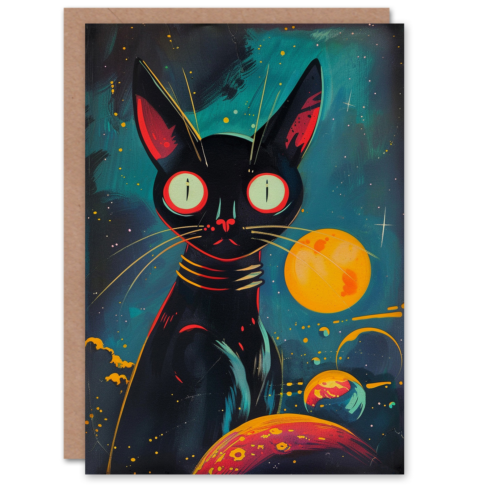 Cat Lover Vintage Pulp Sci Fi Animal Painting Birthday Card