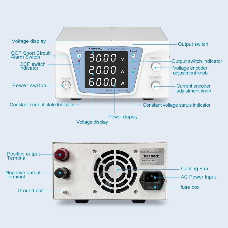0-15/30/60/100V 0-5/10/20A Lab Adjustable DC Power Supply Variable High Power DC - Image 3 of 4