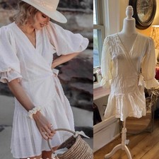 Bird & Kite Womens Puff Sleeve Cream Wrap Dress Boho Size Small